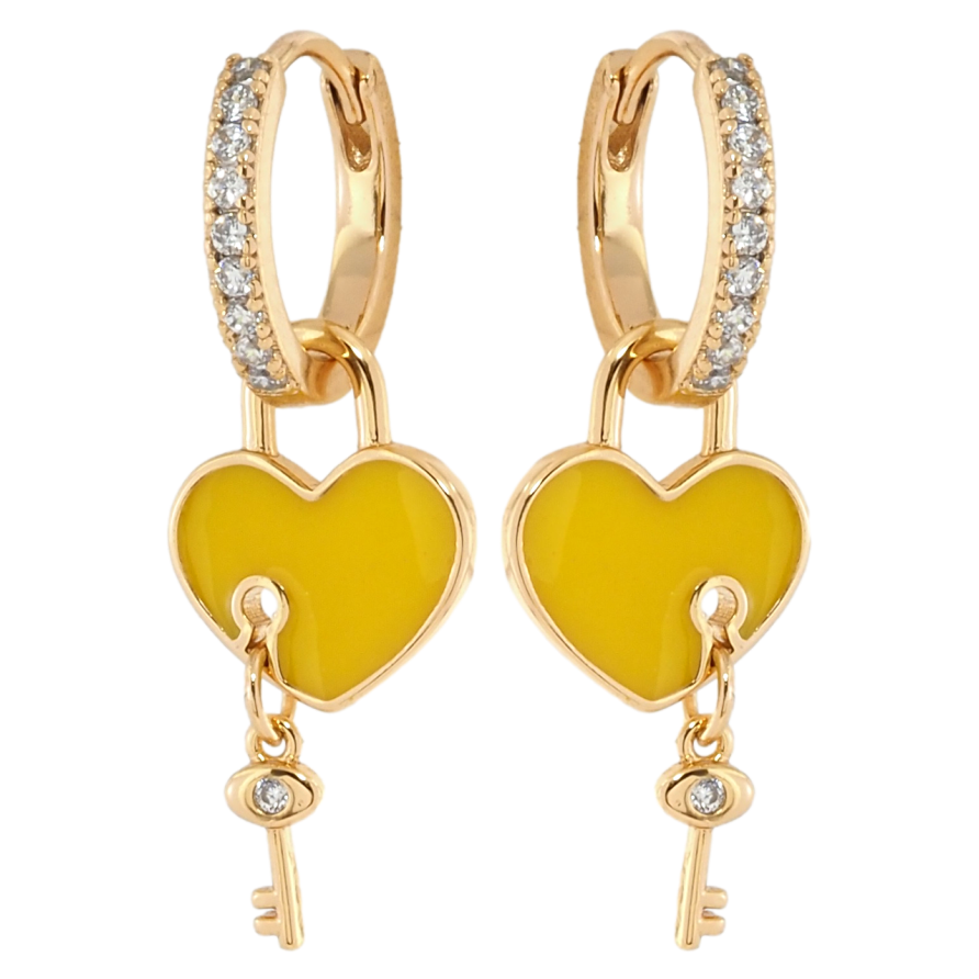 Сережки Xuping Позолота 18K підвіски на колечках Жовті серця з ключиками 2 в 1 фото №1