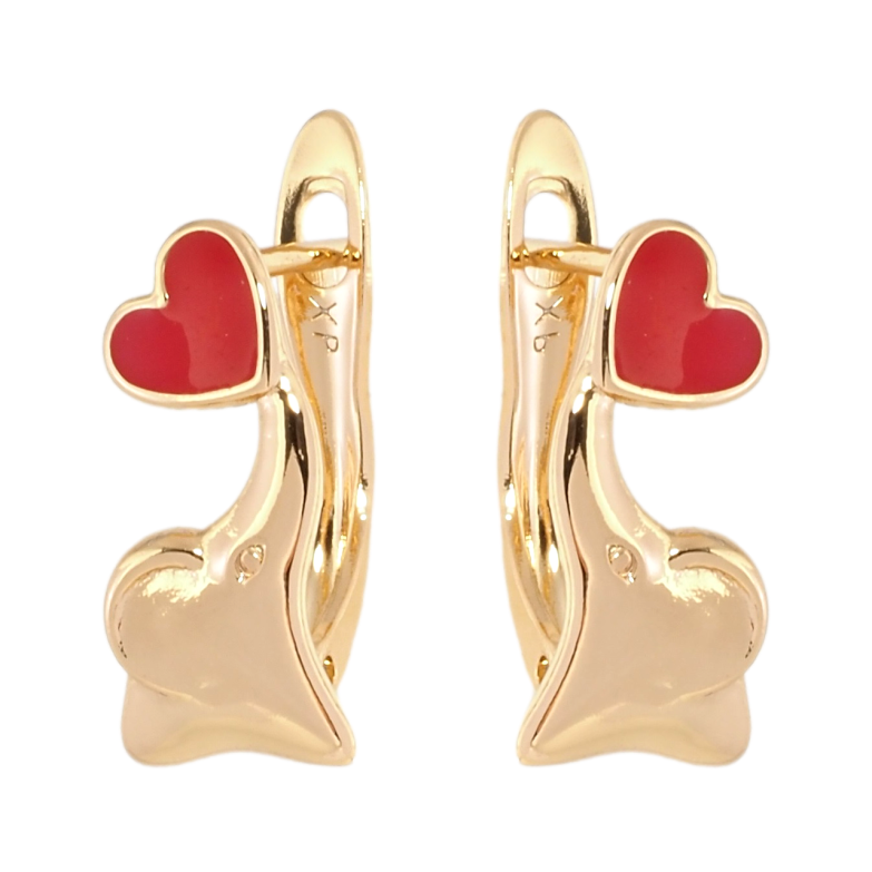 Серьги детские Xuping Позолота 18K английский замок Слоники с красными сердечками фото №1