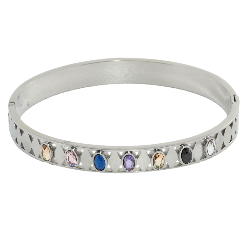 Браслет Xuping ТТМ Stainless Steel колір Родій Доріжка овалів із кольоровими кристалами ø 6см фото №2