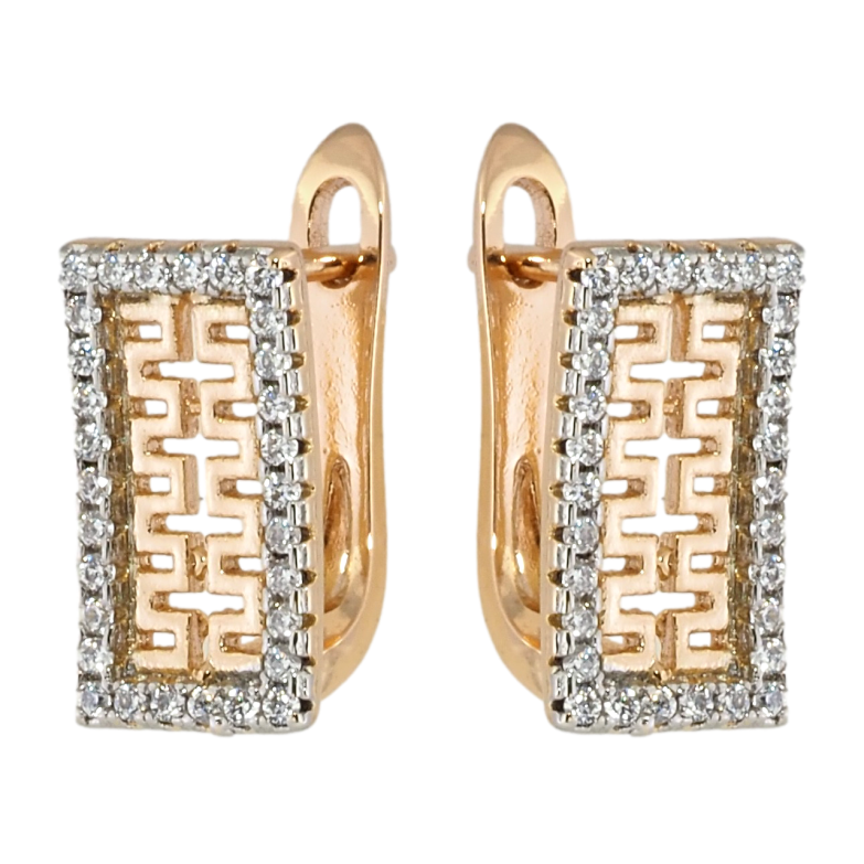 Серьги Xuping Позолота 18K + Родий английский замок Прямоугольники с резным узором в обрамлении циркония фото №1