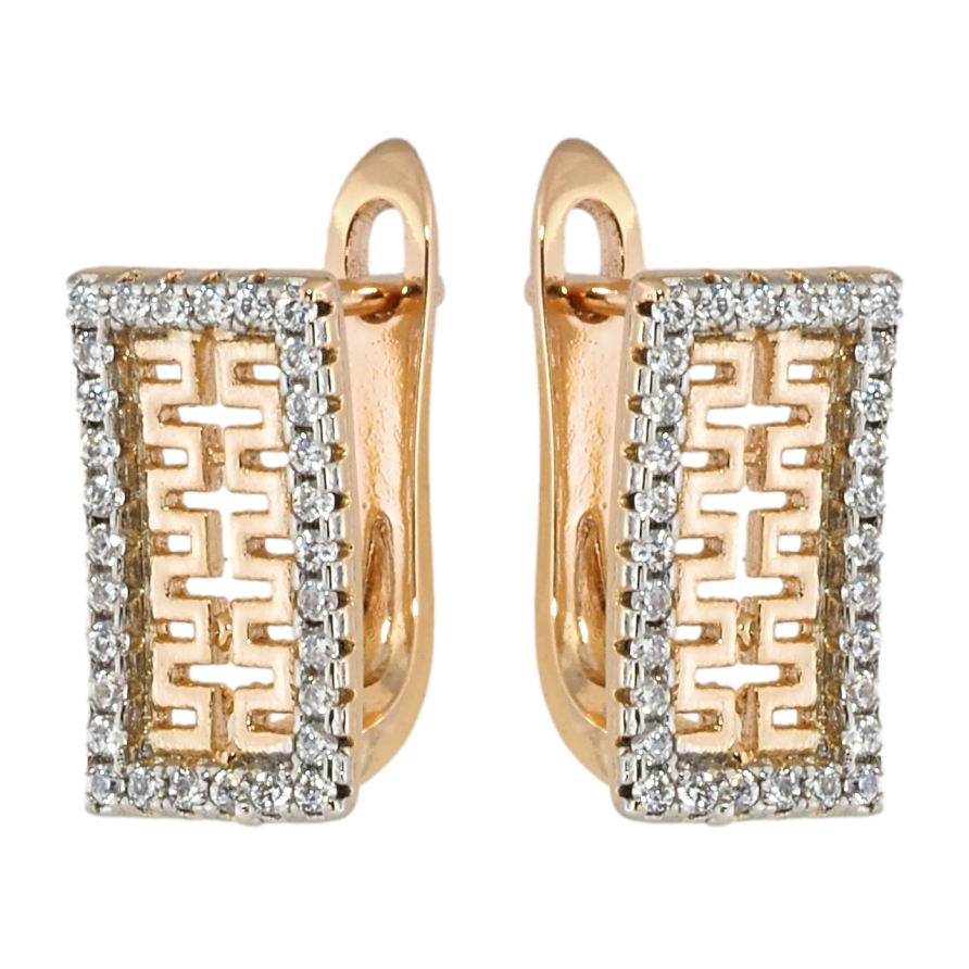 Серьги Xuping Позолота 18K + Родий английский замок Прямоугольники с резным узором в обрамлении циркония фото №1