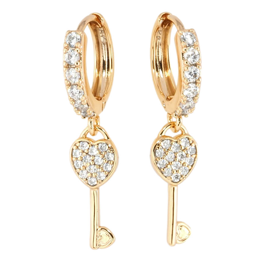 Сережки Xuping Позолота 18K підвіски на колечках Ключики-серця з цирконієм фото №1