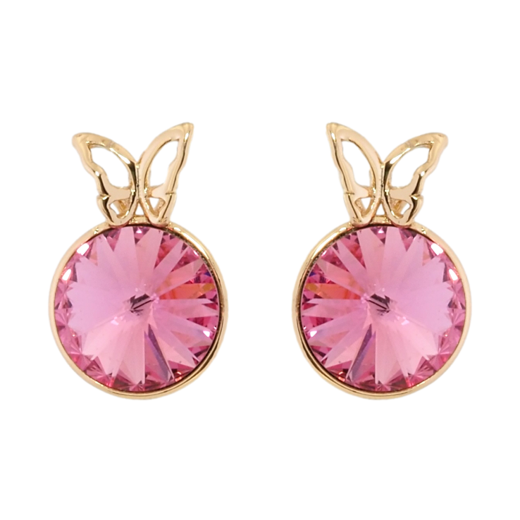 Сережки Xuping колір 18K з кристалами Swarovski пусети Рожевий конусний кристал в оправі з метеликом ø 9мм фото №3
