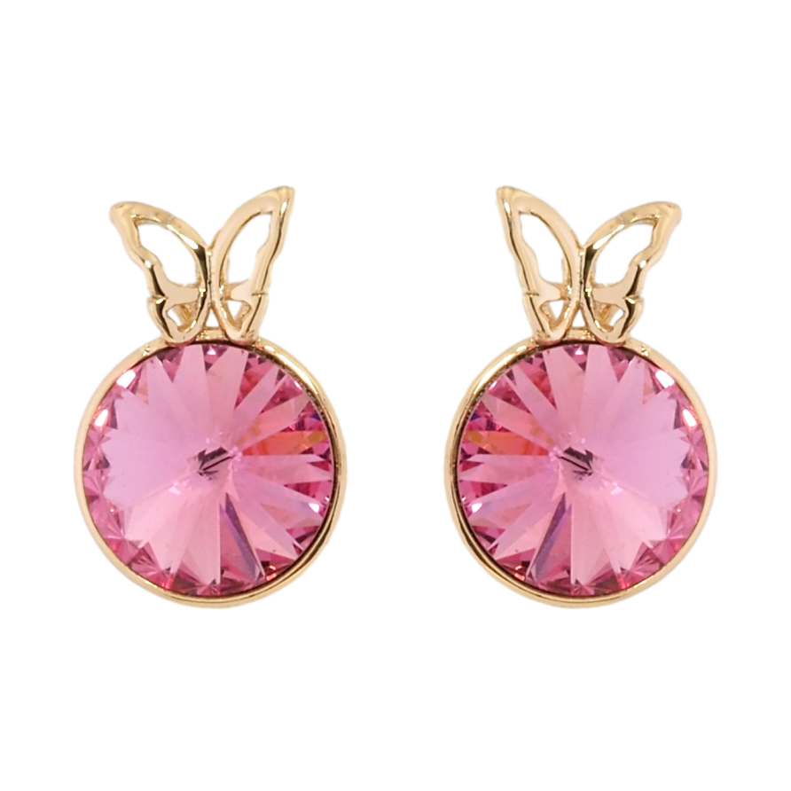Сережки Xuping колір 18K з кристалами Swarovski пусети Рожевий конусний кристал в оправі з метеликом ø 9мм фото №1