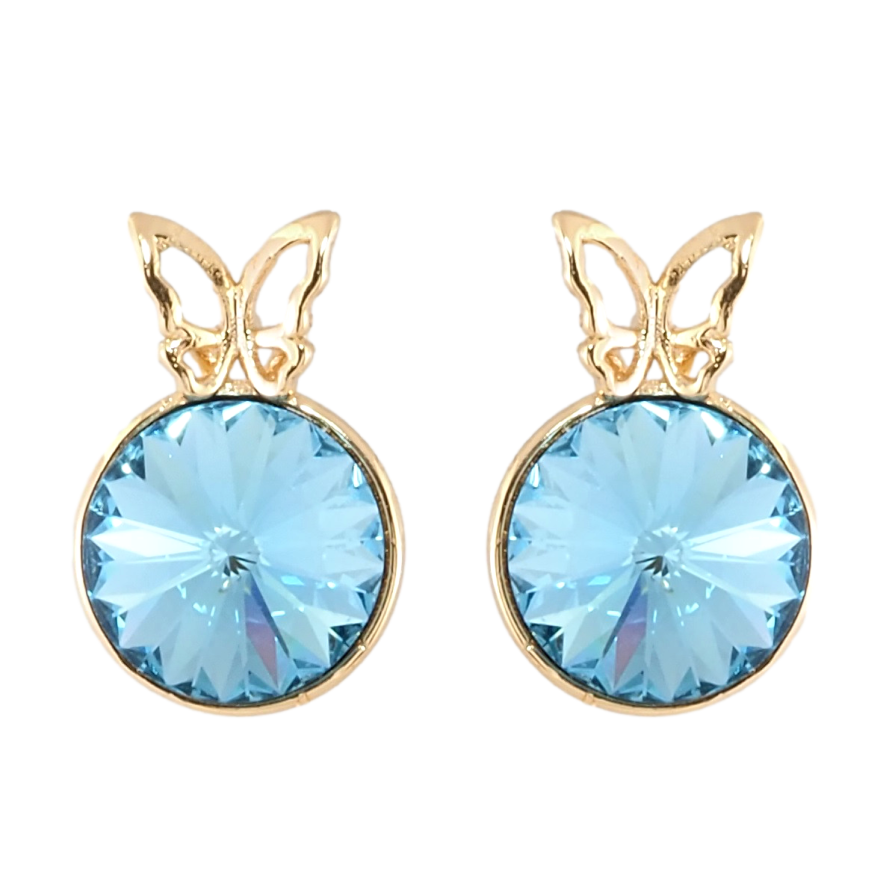 Сережки Xuping колір 18K з кристалами Swarovski пусети Кристал Rivoli колір Aquamarine з метеликом ø 9мм фото №1
