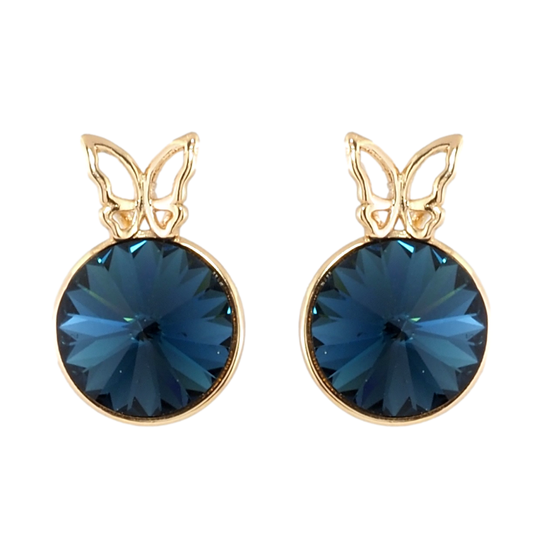 Сережки Xuping колір 18K з кристалами Swarovski пусети Синій кристал конусний в оправі з метеликом ø 9мм фото №2