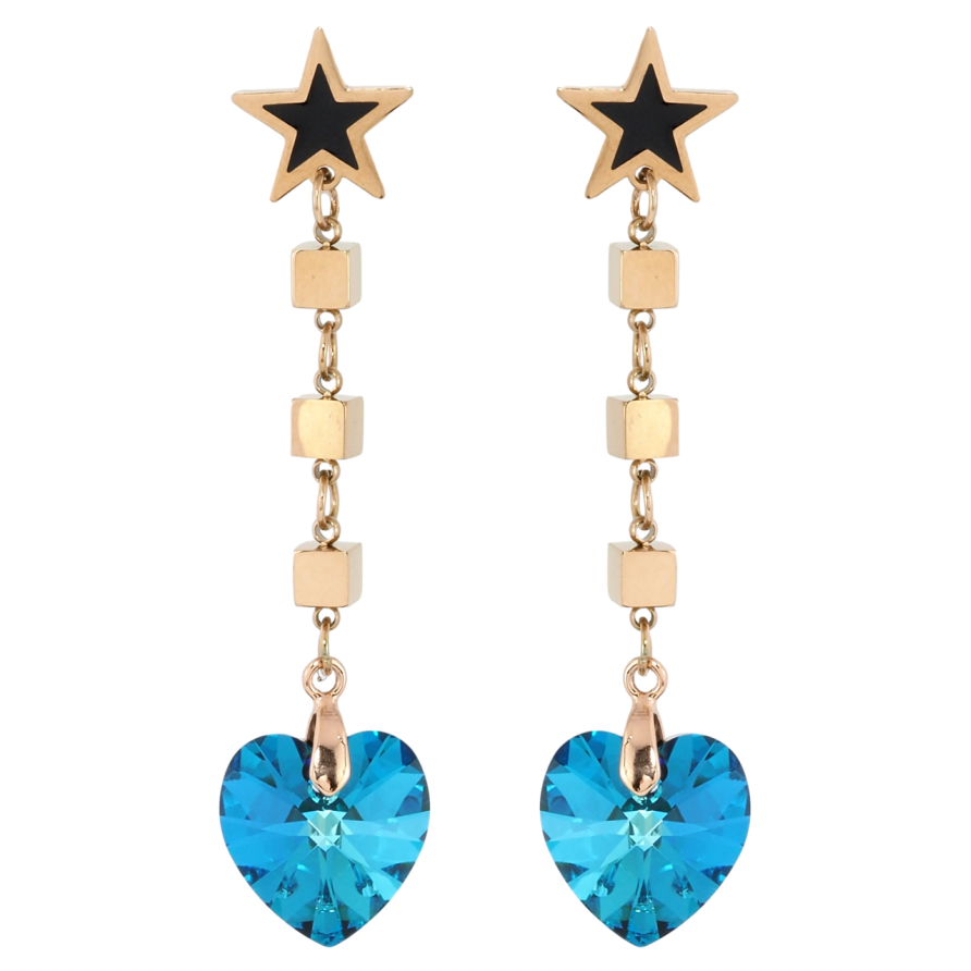 Серьги Xuping цвет РО с кристаллами Swarovski пусеты Звезды с подвесками из кристальных сердец Capri Вlue фото №1