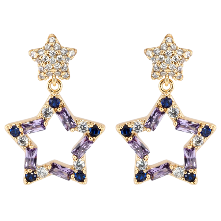 Серьги Xuping Позолота 18K пусеты Подвески звездочки с цирконием и сиреневыми фианитами фото №4 Серьги Xuping Позолота 18K пусеты Подвески звездочки с цирконием и сиреневыми фианитами фото №4