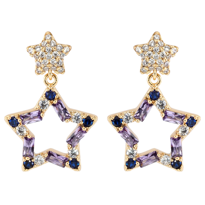 Сережки Xuping Позолота 18K пусети Підвіски зірочки з цирконієм і бузковими фіанітами фото №1 Сережки Xuping Позолота 18K пусети Підвіски зірочки з цирконієм і бузковими фіанітами фото №1