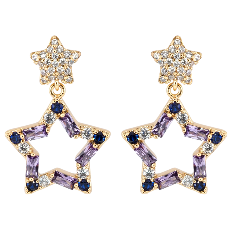 Серьги Xuping Позолота 18K пусеты Подвески звездочки с цирконием и сиреневыми фианитами фото №1 Серьги Xuping Позолота 18K пусеты Подвески звездочки с цирконием и сиреневыми фианитами фото №1