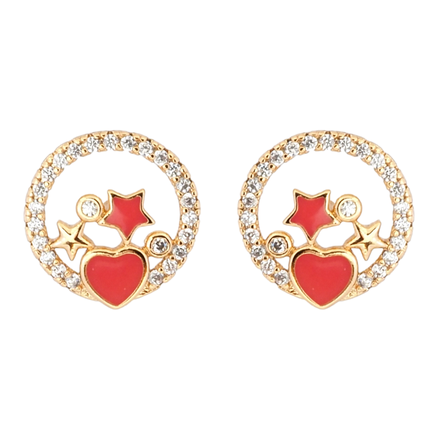 Серьги Xuping Позолота 18K пусеты Красные звездочки и сердечко в колечке циркония фото №1