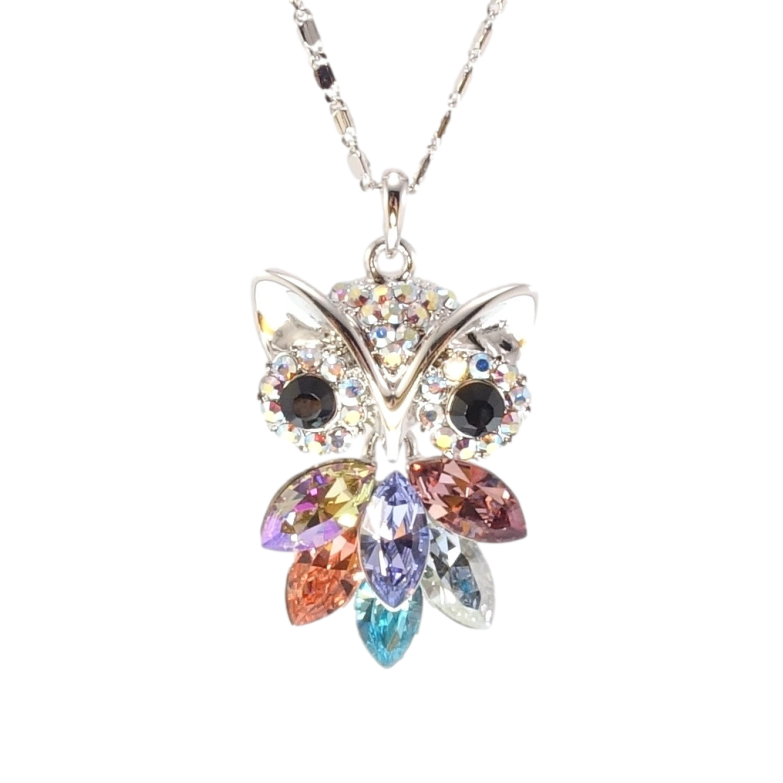 Кулон Xuping цвет Родий с кристаллами Swarovski на цепочке Сова Яркие Разноцветные Кристаллы длина 38,5-44см фото №1
