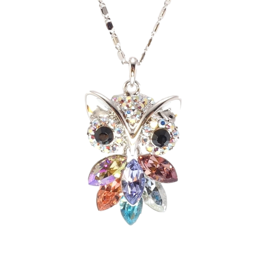 Кулон Xuping цвет Родий с кристаллами Swarovski на цепочке Сова Яркие Разноцветные Кристаллы длина 38,5-44см фото №1