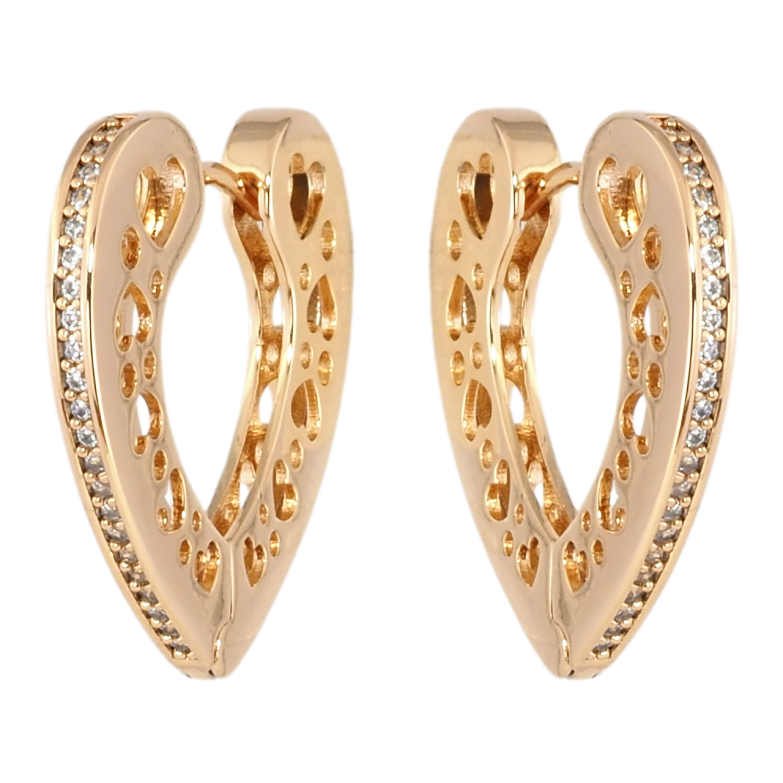 Серьги Xuping Позолота 18K колечки Сердечки с боковым узором и дорожками циркония фото №1