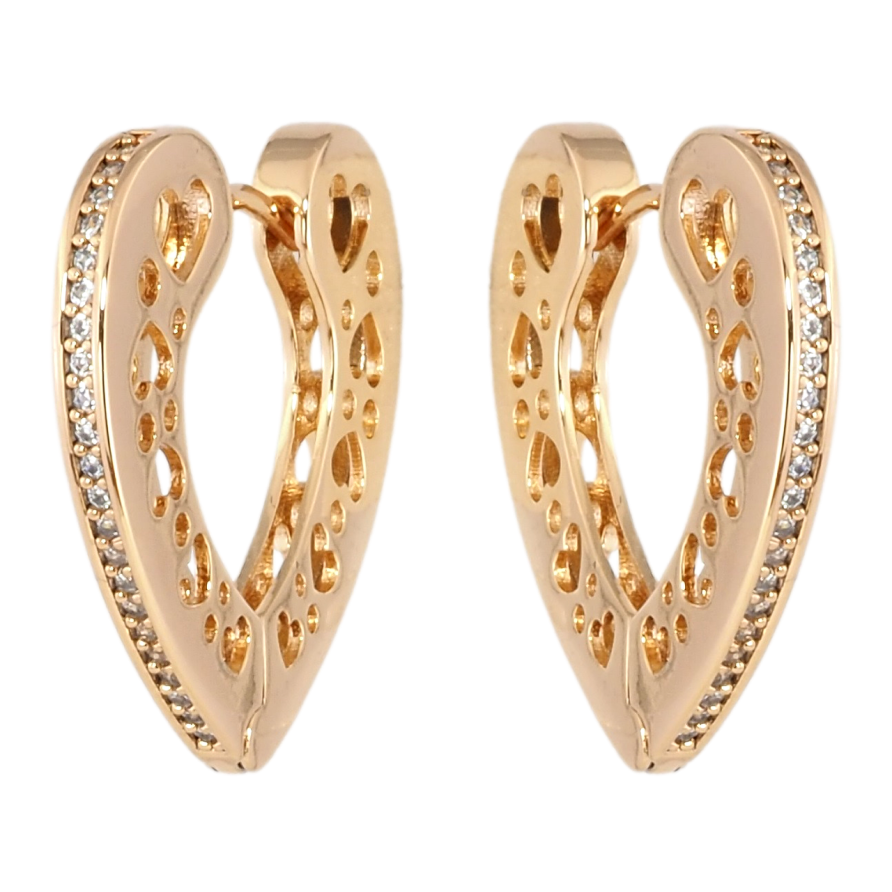 Серьги Xuping Позолота 18K колечки Сердечки с боковым узором и дорожками циркония фото №1