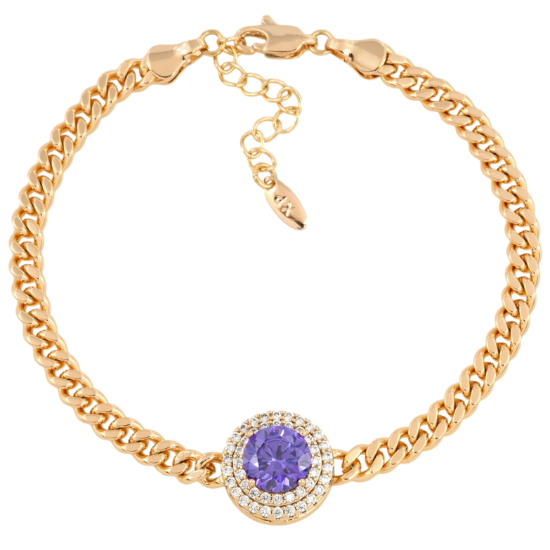 Браслет Xuping Позолота 18K Панцирний ланцюжок зі вставкою бузковий фіаніт довжина з дод. ланцюжком 18-21см х 4мм фото №5