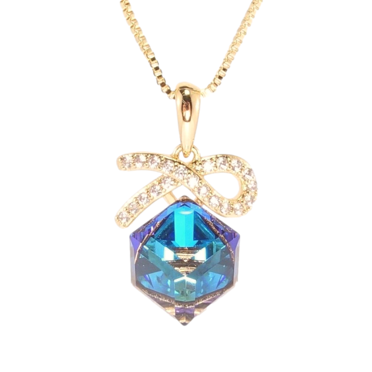 Кулон Xuping 18K с кр-ми Swarovski на цепочке Кристальный куб Capri Blue с бантиком длина 40-45см х 1мм фото №12