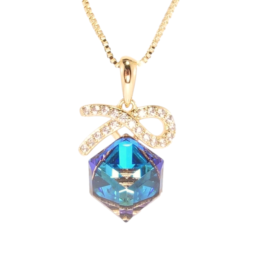 Кулон Xuping 18K с кр-ми Swarovski на цепочке Кристальный куб Capri Blue с бантиком длина 40-45см х 1мм фото №1