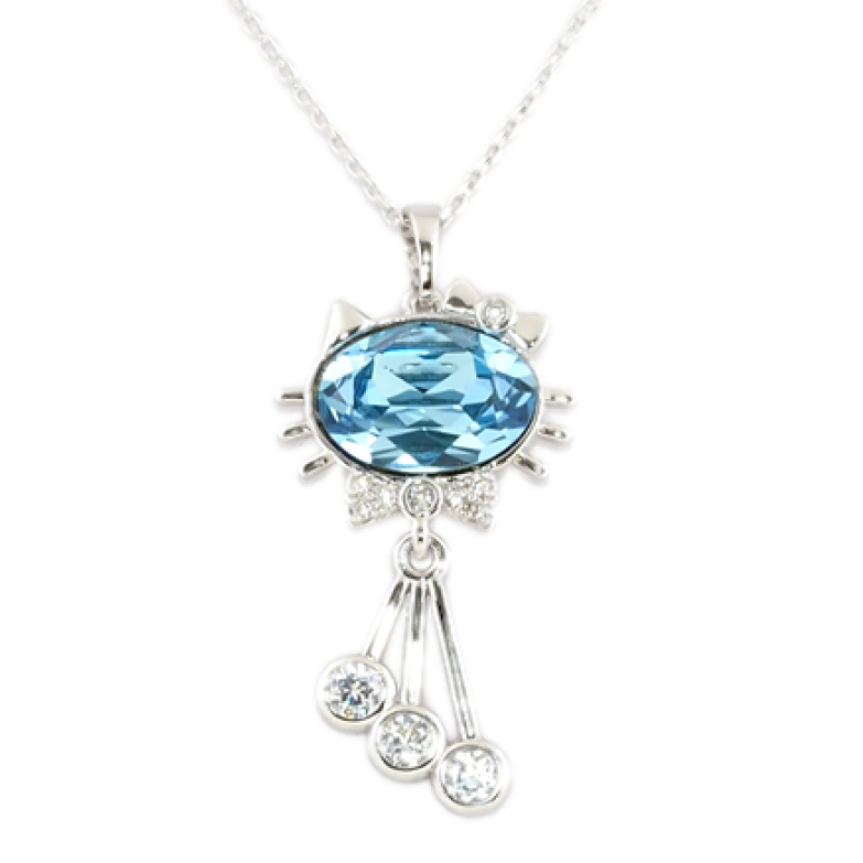 Кулон Xuping колір Родій із кристалами Swarovski на ланцюжку Котик із кристалом Aquamarine довжина 39.5-44см х 1мм фото №1