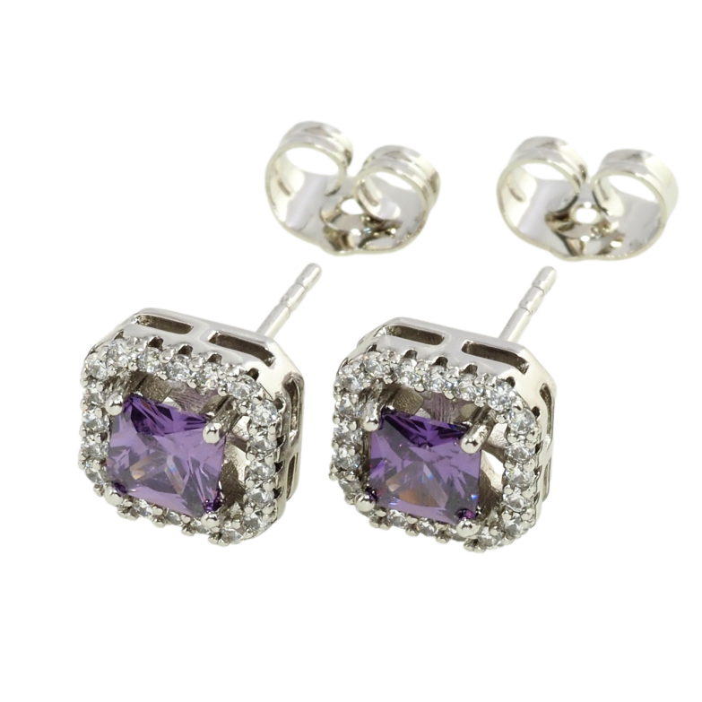 Сережки Xuping Родій пусети Бузкові фіаніти в обрамленні цирконію 9х9мм фото №1