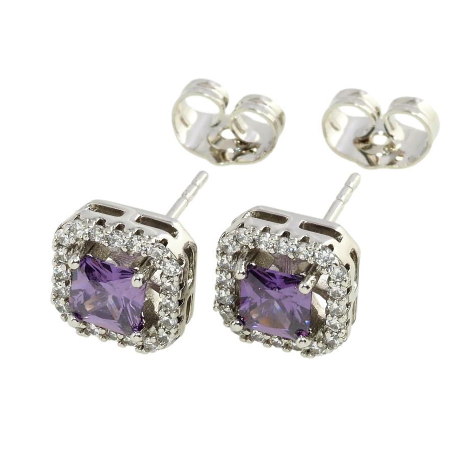 Серьги Xuping Родий пусеты Сиреневые фианиты в обрамлении циркония 9х9мм фото №1