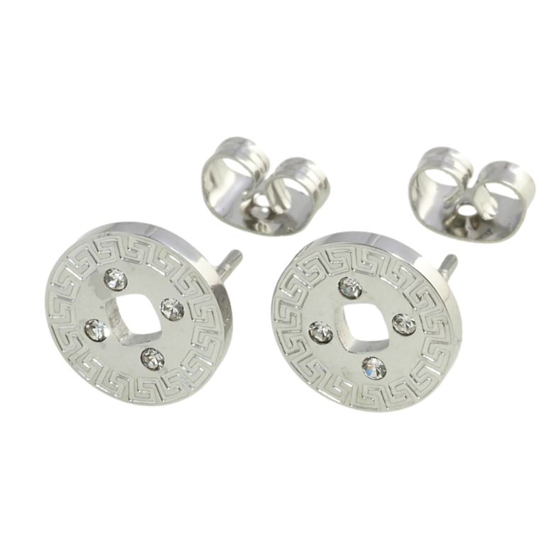 Серьги Xuping TTM Stainless Steel цвет Родий пусеты Колечки с греческим узором и вставками циркония ø 10мм фото №7