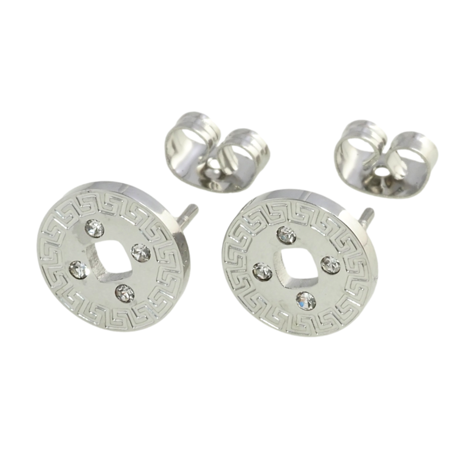 Серьги Xuping TTM Stainless Steel цвет Родий пусеты Колечки с греческим узором и вставками циркония ø 10мм фото №1