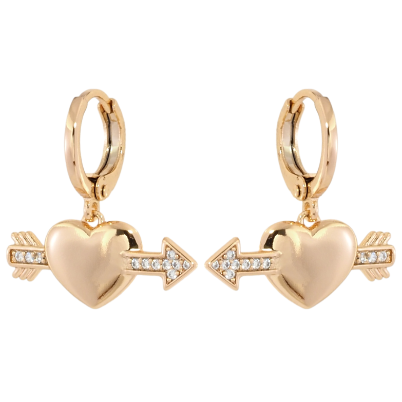 Серьги Xuping Позолота 18K подвески на колечках Сердечки пронзенные стрелами фото №1