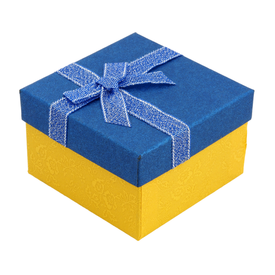 Подарункова синьо- жовта коробка з бантом Універсальна (Браслет, Годинник) Розмір 9х9см, h = 5.5см фото №1