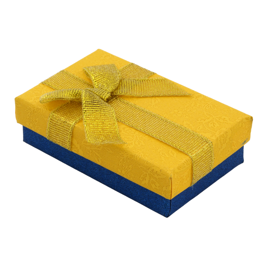 Подарункова жовто- блакитна коробка з бантом Універсальна (Каблучка, Кулон, Сережки) Розмір 5х8см, h = 2.5см фото №1