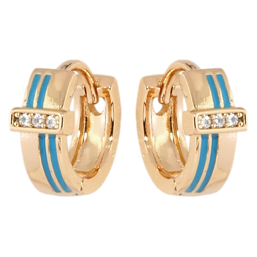 Серьги Xuping Позолота 18K колечки Узор с полосами голубой эмали и дорожками циркония фото №1