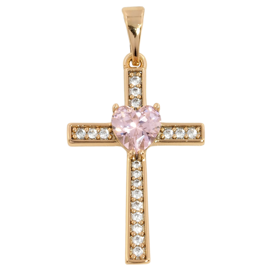 Кулон Xuping Позолота 18K Крест с  цирконием и розовым кристальным сердцем для цепочки до 5мм фото №1