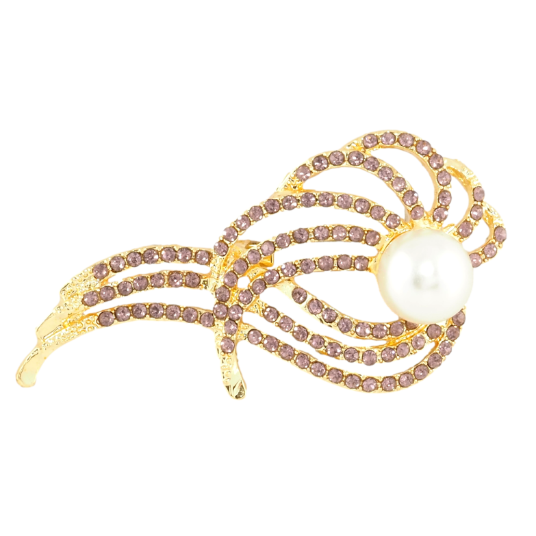 Брошь Узор с бордовыми стразами и жемчужной бусиной фото №1