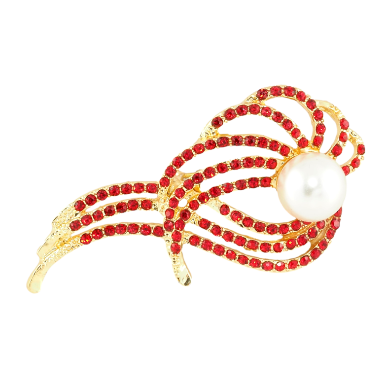 Брошка Візерунок з червоними стразами та перлинною намистиною фото №1