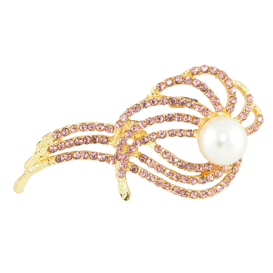 Брошь Узор с розовыми стразами и жемчужной бусиной фото №1