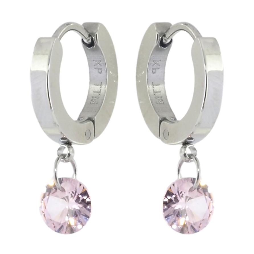 Сережки Xuping TTM Stainless Steel колір Родій підвіски на колечках Рожеві кристали ø 6мм фото №1