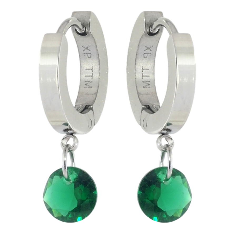 Сережки Xuping TTM Stainless Steel колір Родій підвіски на колечках Зелені кристали ø 6мм фото №1