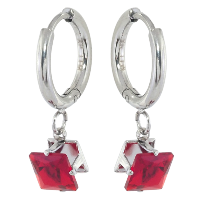 Сережки Xuping TTM Stainless Steel колір Родій підвіски на колечках Червоні кристали 6х6мм фото №1