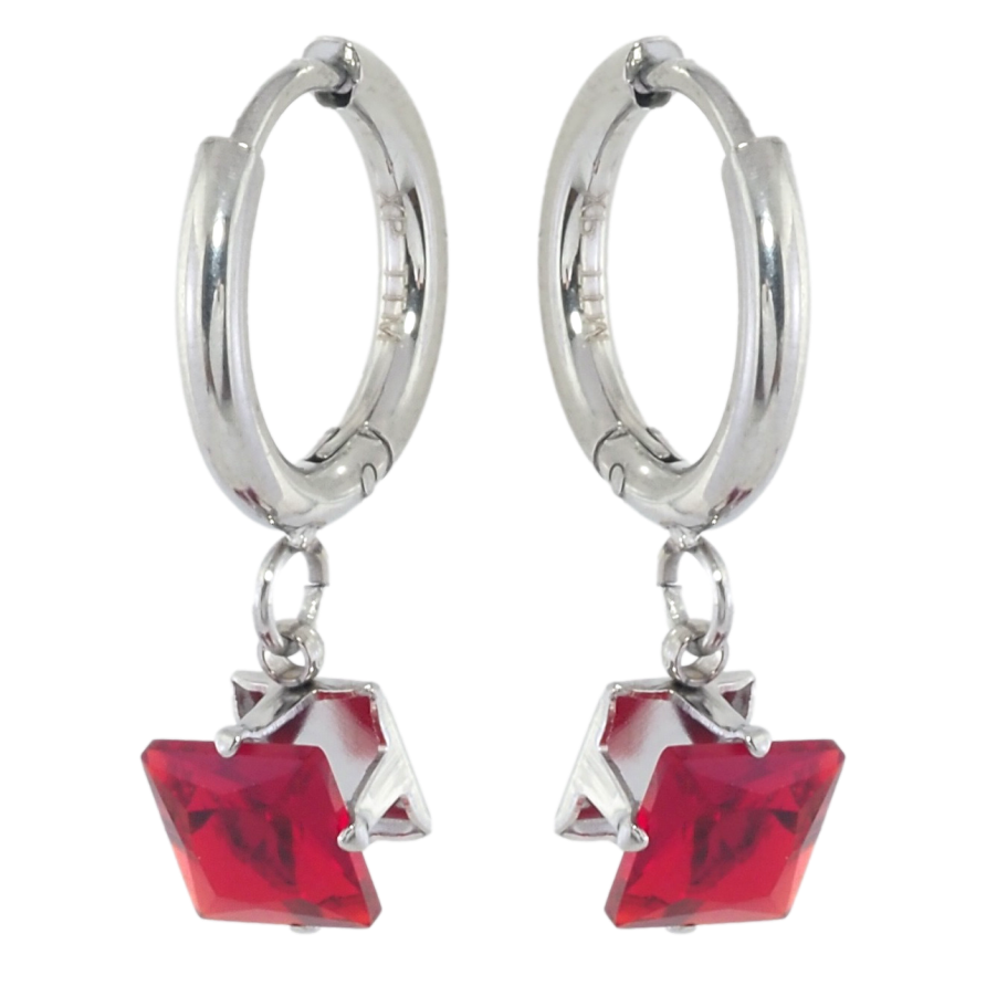 Сережки Xuping TTM Stainless Steel колір Родій підвіски на колечках Червоні кристали 6х6мм фото №1