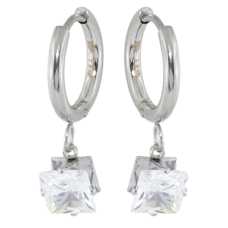 Сережки Xuping TTM Stainless Steel колір Родій підвіски на колечках Кристали 6х6мм фото №1