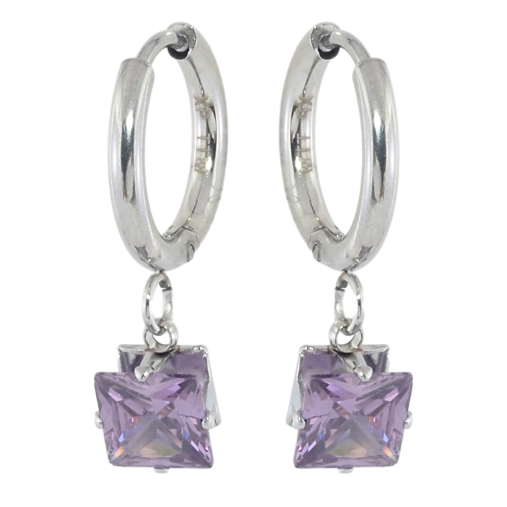 Серьги Xuping TTM Stainless Steel цвет Родий подвески на колечках Сиреневые кристаллы 6х6мм фото №16