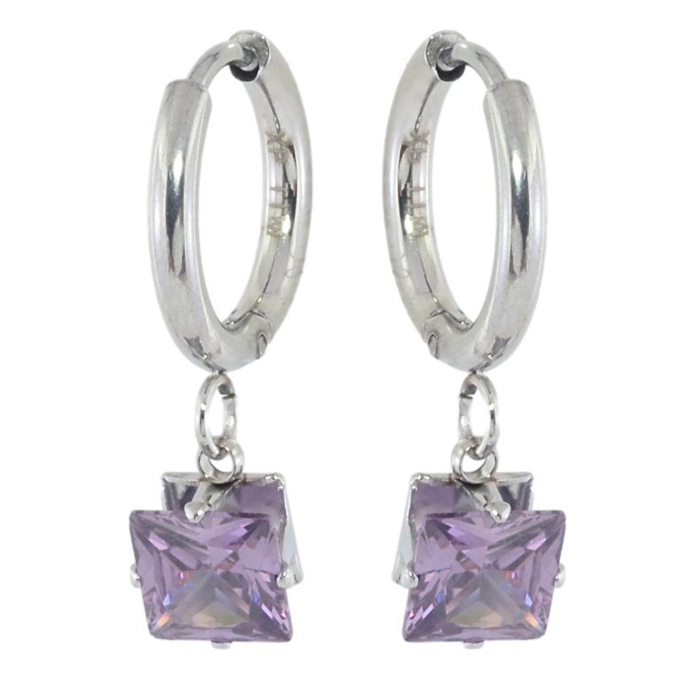 Серьги Xuping TTM Stainless Steel цвет Родий подвески на колечках Сиреневые кристаллы 6х6мм фото №1