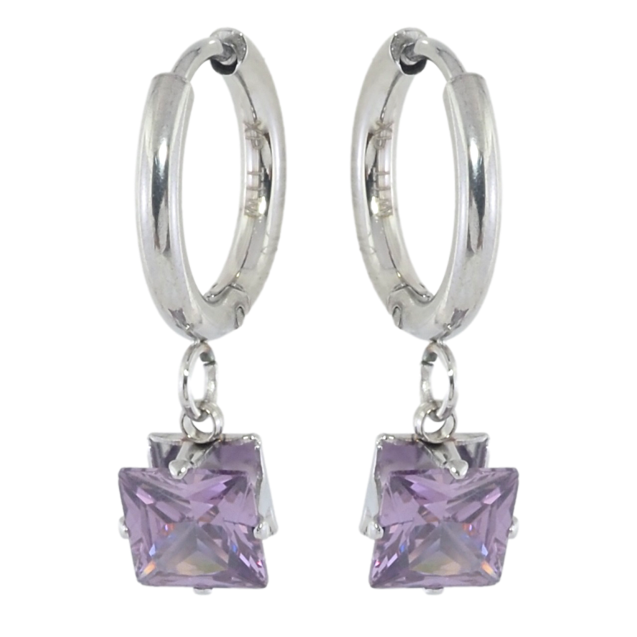 Серьги Xuping TTM Stainless Steel цвет Родий подвески на колечках Сиреневые кристаллы 6х6мм фото №1