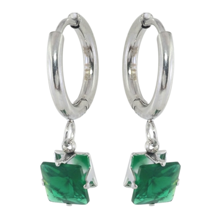 Сережки Xuping TTM Stainless Steel колір Родій підвіски на колечках Зелені кристали 6х6мм фото №17