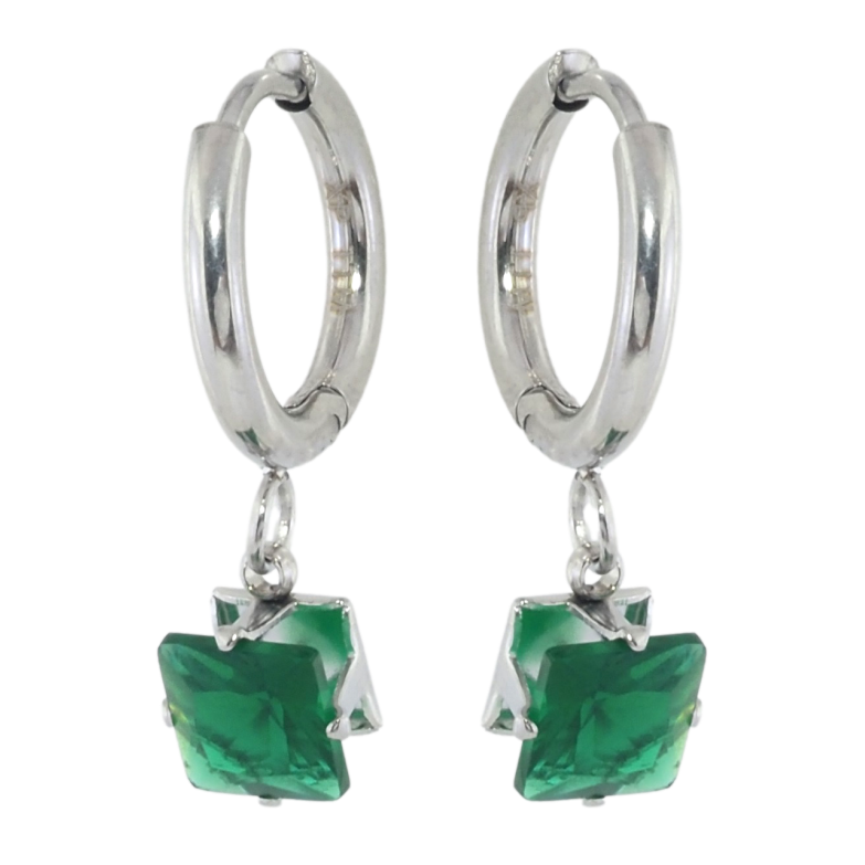 Сережки Xuping TTM Stainless Steel колір Родій підвіски на колечках Зелені кристали 6х6мм фото №1