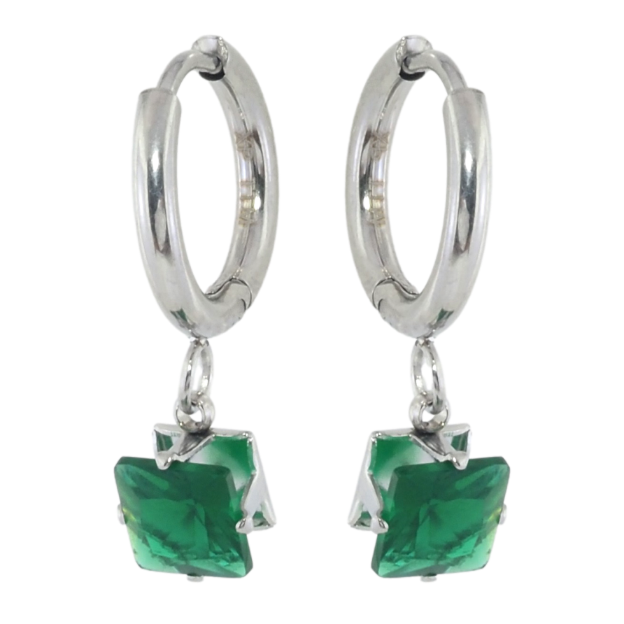 Сережки Xuping TTM Stainless Steel колір Родій підвіски на колечках Зелені кристали 6х6мм фото №1