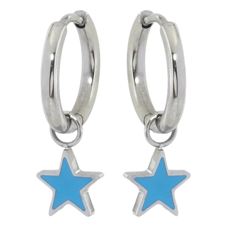 Сережки Xuping TTM Stainless Steel колір Родій підвіски на колечках Зірочки з блакитною емаллю 2 в 1 фото №1