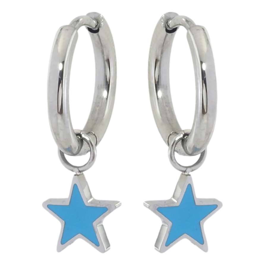 Сережки Xuping TTM Stainless Steel колір Родій підвіски на колечках Зірочки з блакитною емаллю 2 в 1 фото №1