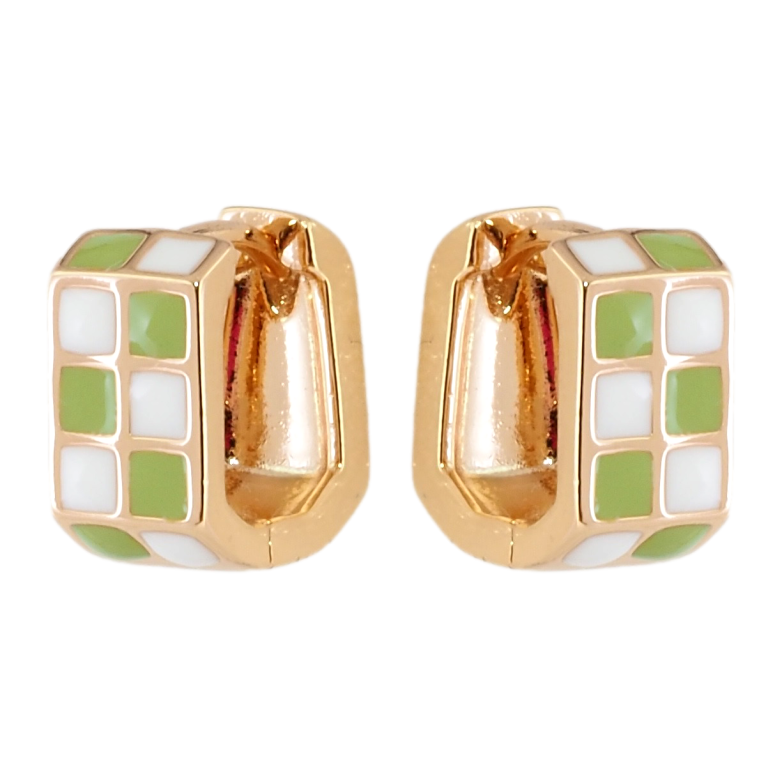 Серьги Xuping Позолота 18K колечки Шахматный узор бело-салатовой эмалью фото №1