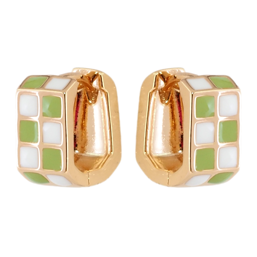 Серьги Xuping Позолота 18K колечки Шахматный узор бело-салатовой эмалью фото №1